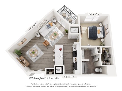 Floor plan for 1 bed, 1 bath, 797 sqft
